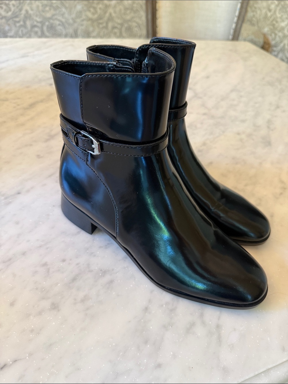 Ann Taylor Black Patent Leather Buckle Ankle Bootie